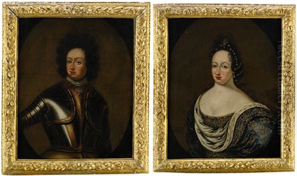 Portratt Av Karl Xi (1655-1697) Ikladd Harnesk Och Hans Maka Ulrika Eleonora D.a. (1656-1693) Ikladd Broderad Och Juvelprydd Klanning, Med Parlor I Haret, Hermelinbramad Mantel Med Kungliga Kronor - Midjebilder - view 1