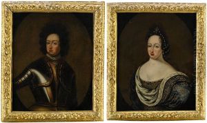 Portratt Av Karl Xi (1655-1697) Ikladd Harnesk Och Hans Maka Ulrika Eleonora D.a. (1656-1693) Ikladd Broderad Och Juvelprydd Klanning, Med Parlor I Haret, Hermelinbramad Mantel Med Kungliga Kronor - Midjebilder