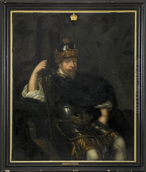 Portratt Av Kung Gustav Ii Adolf Som Triumfator (1594-1632) Kladd I Rustning Med Forgylld Dekor Av Rikslejonen Och Vasakarven Samt Kronprydd Hjalm, Morkbla Mantel Och Kommandostav - Sittande Knastycke - view 1