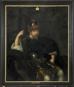 Portratt Av Kung Gustav Ii Adolf Som Triumfator (1594-1632) Kladd I Rustning Med Forgylld Dekor Av Rikslejonen Och Vasakarven Samt Kronprydd Hjalm, Morkbla Mantel Och Kommandostav - Sittande Knastycke by David Klocker Von Ehrenstrahl