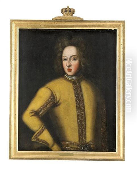 Portratt Av Kung Karl Xii Vid Femton Ars Alder (1682-1718) Kladd I Gult Kyller Med Guldbrodyr, Vit Halsduk Och Lockig Peruk - Midjebild - view 1
