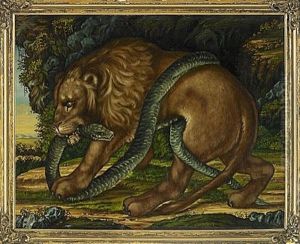 Allegorisk Framstallning Av Kristus Som Besegrar Det Onda I Form Av Lejonet Och Ormen