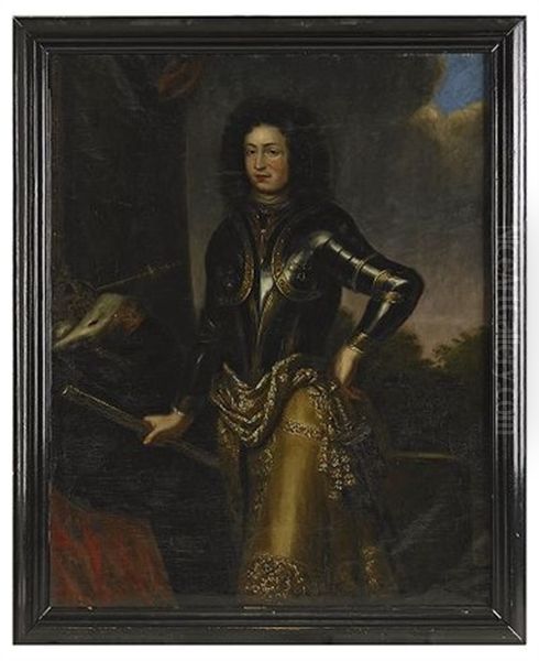 Portratt Av Kung Karl Xi Som Harforare Med Kommendantstav, Ikladd Harnesk Med Tre Kronor Och Alghudskyller, Staende I Klassicerande Landskap Med Riksregalierna - view 1