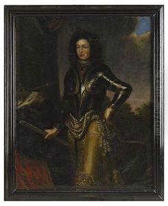 Portratt Av Kung Karl Xi Som Harforare Med Kommendantstav, Ikladd Harnesk Med Tre Kronor Och Alghudskyller, Staende I Klassicerande Landskap Med Riksregalierna Portratt Av Kung Karl Xi Som Harforare Med Kommendantstav, Ikladd Harnesk Med Tre Kronor Och Alghudskyller, Staende I Klassicerande Landskap Med Riksregalierna