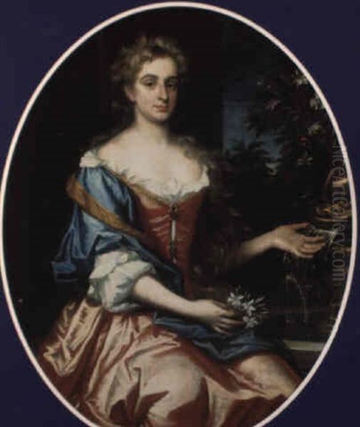 Portrait Of A Lady In Red Dress With Blue Wrap - view 1