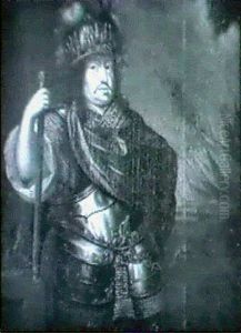 Portratt Av Karl X Gustav Ikladd Romersk Rustning Och       Plymagerad Hjalm, Staende Knabild