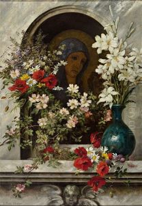 Madonnenbildnis Eines Marterls, Von Zahlreichen Bluten Umrankt by Louise Ehrler