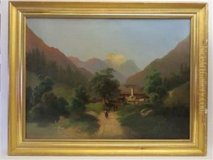 Begegnung Am Weg Zum Berghof Mit Gebirgskulisse by Theodore von Ehrmanns