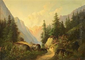 Mountain Lanscape With A Path Towards A Lake. Two Huntsmen Resting At The Bank Of A Mountain Lake by Theodore von Ehrmanns