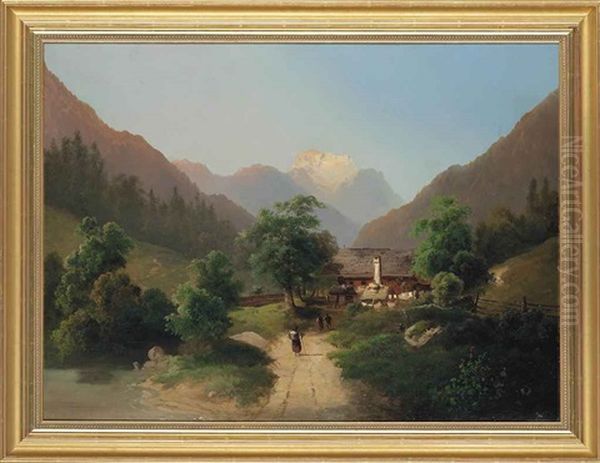 Travelers By An Alpine Cottage, With An Extensive Alpine Landscape Beyond - view 1