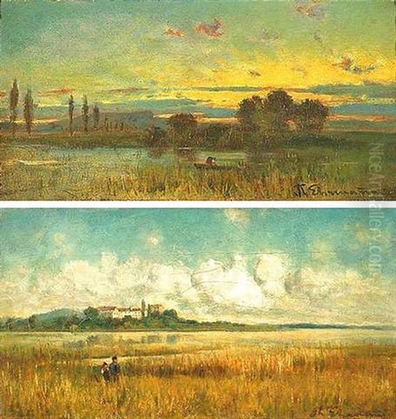 Sommerliche Landschaft Mit Spaziergangern An Einem See (+ Abendliche Landschaft Mit Kahn An Einem Seeufer; Pair) - view 1