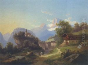 Gebirgsdorf Mit Einer Kirche Auf Einer Felskuppe by Theodore von Ehrmanns