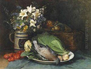 Variastilleben Mit Einem Bouquet Von Sommerblumen Und Pilzen Sowie Verschiedenen Gemusen Und Einem Singvogel, Auf Einem Tische Drappiert by Ludwig Eibl