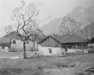 Bauernhof Im Vorfruhling Vor Schneebedeckten Bergen by Peter Eichhorn