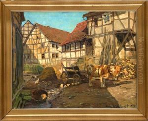 Fuhrwerk Mit Kuhen Auf Einem Gutshof by Franz Eichhorst