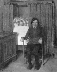 Alter Willingshauser Bauer Vor Seinem Bett In Der Kammer Sitzend by Franz Eichhorst