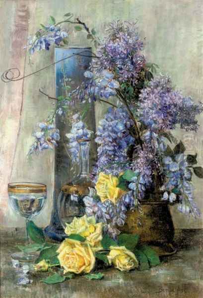 Glycines And Yellow Roses In A Vase - view 1