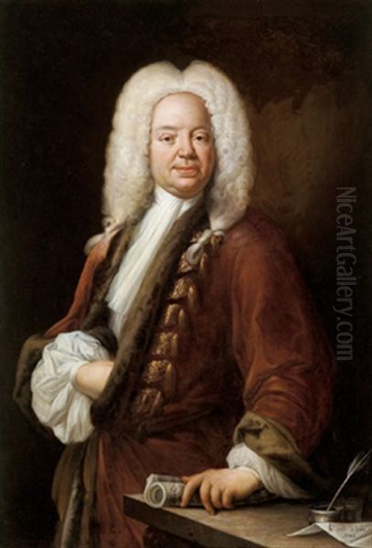 Bildnis Einer Dame In Weisem, Spitzenbesetzen Satinkleid (+ Bildnis Eines Musikers Mit Allongeperucke, Eine Notenrolle Haltend; Pair) - view 1