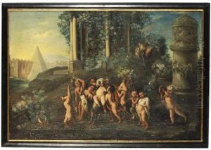 Putti In A Landscape, Ruins Beyond by Johann Conrad Eichler