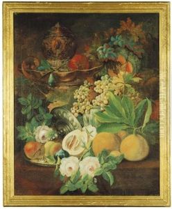 A Still Life Of Flowers, Fruit And Silver On A Ledge (+ Another, Similar; Pair)