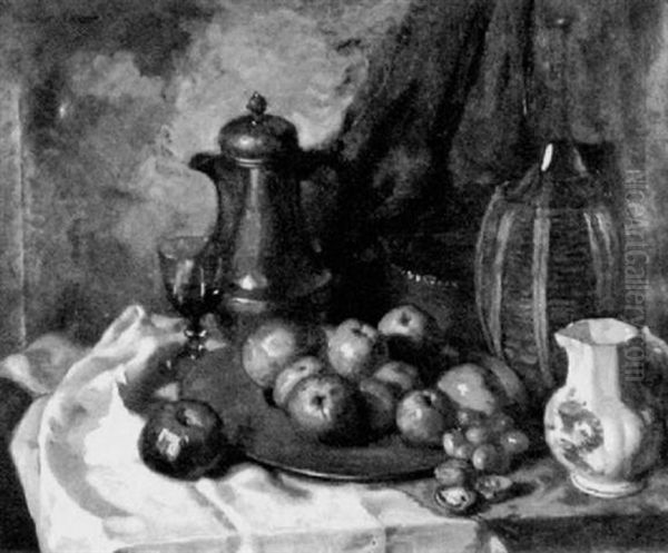 Stilleben Mit Apfeln, Weinkrug Und Korbflasche - view 1