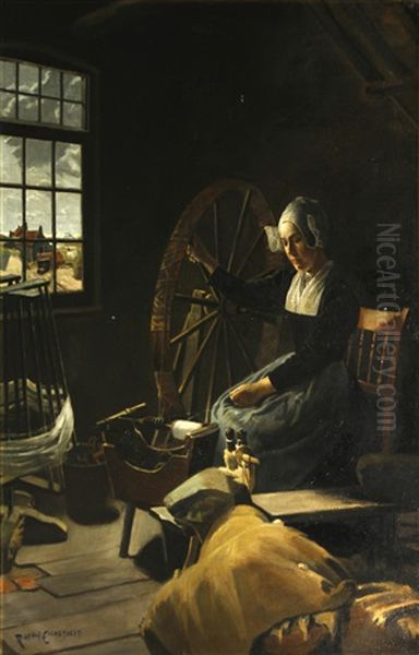 A Young Woman Spinning Yarn In A Cottage - view 1