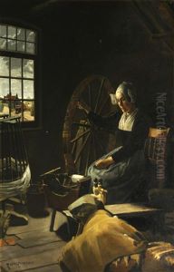 A Young Woman Spinning Yarn In A Cottage by Rudolf Eichstaedt