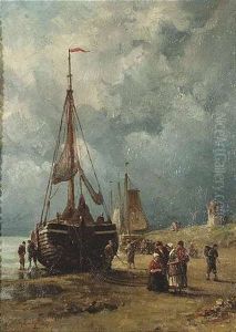 Hollandische Kustenlandschaft Mit Fischern Und Segelbooten by Willem Hendrick Eickelberg