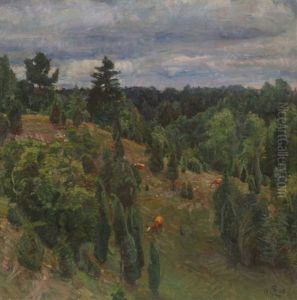I Solbakken (ii), Sommerlandskap Med Kuer Pa Beite by August Eiebakke
