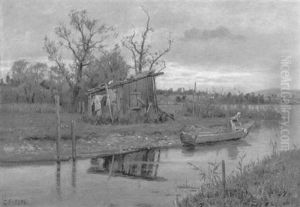 Wascherin Im Kahn Am Flusufer by Conrad Eilers