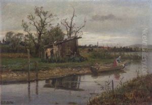 Wascherin Am Flusufer In Einem Kahn by Conrad Eilers