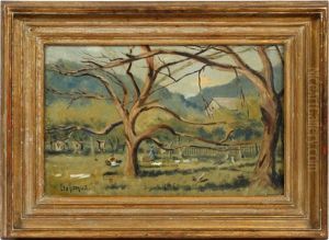 Woman Hanging Out Wash With Trees In Foreground And Rustic Building In Background by Louis Michel Eilshemius