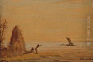 Two Bathers And A Departing Boat