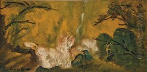 Three Nudes By A Waterfall by Louis Michel Eilshemius