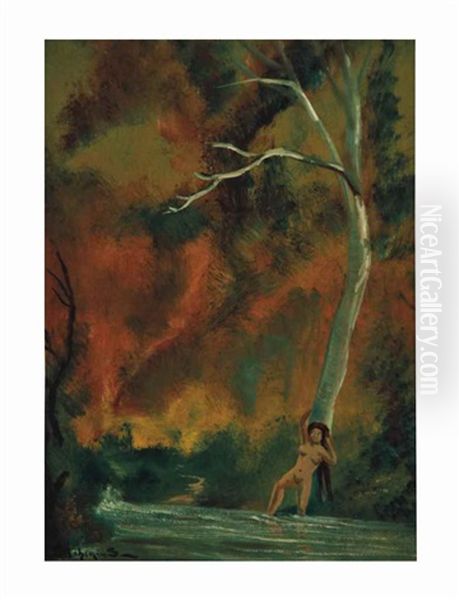 Nude Reclining Against A Tree In A Stream - view 1