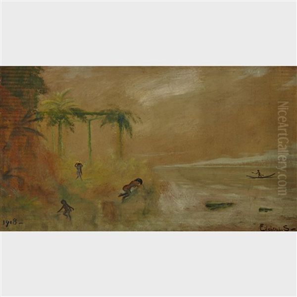 Nude Bathers And Boatman In A South Sea Beach - view 1
