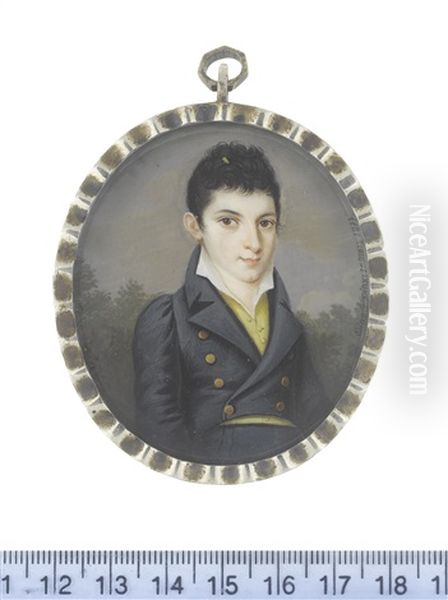 Baron Josef Emanuel Von Huusmann (b.1797) Standing Against A Landscape And Wearing Blue Double-breasted Coat And Breeches, Yellow Waistcoat And White Chemise - view 1