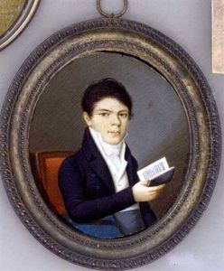A Young Boy With An Open Book In His Right Hand With His Elbow Resting On A Blue Covered Table, Seated In A Red Upholstered Chair, In Dark Blue Coat, Grey Trousers, White Waistcoat And Frilled Cravat by Joseph Bernhard Einsle