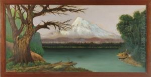 Mount Hood (oregon) From Lost Lake, With Small Indian Tepee And Campfire With Canoe Lower Right