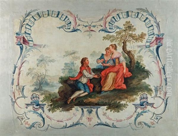 La Pipee Aux Oiseaux Dans Un Cartouche Ornemente De Lambrequins En Gris Et Bleu - view 1