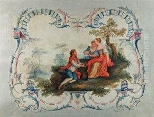 La Pipee Aux Oiseaux Dans Un Cartouche Ornemente De Lambrequins En Gris Et Bleu by Eisen, Charles Joseph Dominique