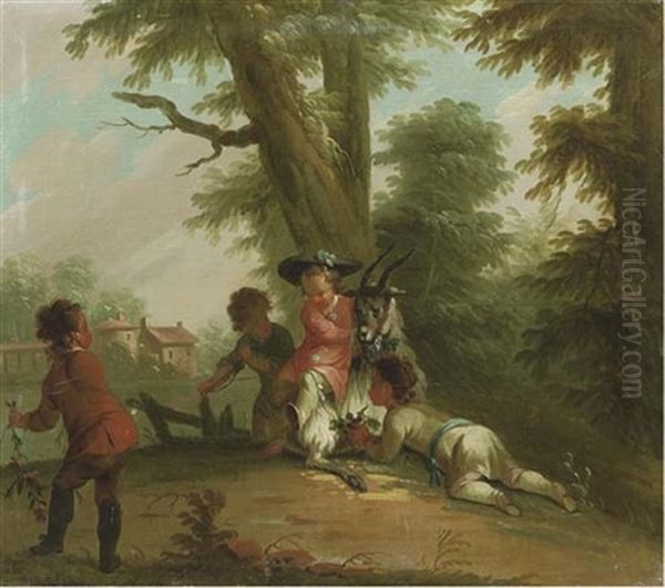 Boys Playing With A Goat Beside A Pond - view 1