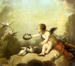 Cupid Playing With Doves Among The Clouds