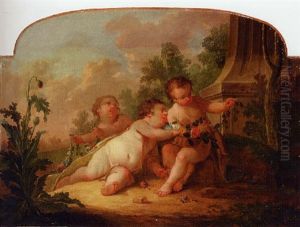 Putti Stringing Flowers In An Ornamental Garden by Eisen, Charles Joseph Dominique