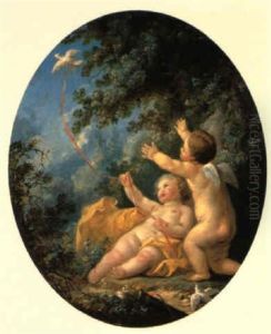 Zwei Amoretten Mit Einer Taube In Einer Waldlandschaft