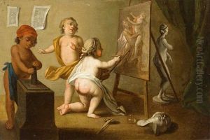 Putten In Einem Atelier, Einer An Der Staffelei Mit Einer Darstellung Des Raubes Der Proserpina by Francois Eisen