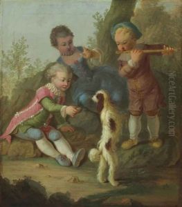 Three Children Playing With A Dog Three Children Playing With A Dog