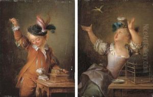 L'apparat Trompeur: A Boy Teasing A Cat With A Mouse (+ L'oiseau Envole: A Girl With A Bird Flying Out Of A Cage; Pair) by Francois Eisen