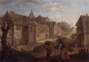 A Village Landscape With A Woman And Her Child On A Path A Village Landscape With A Woman And Her Child On A Path