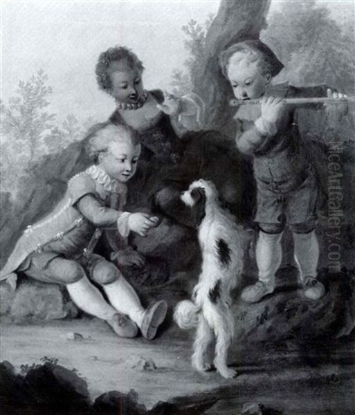 Three Children Playing With A Dog - view 1